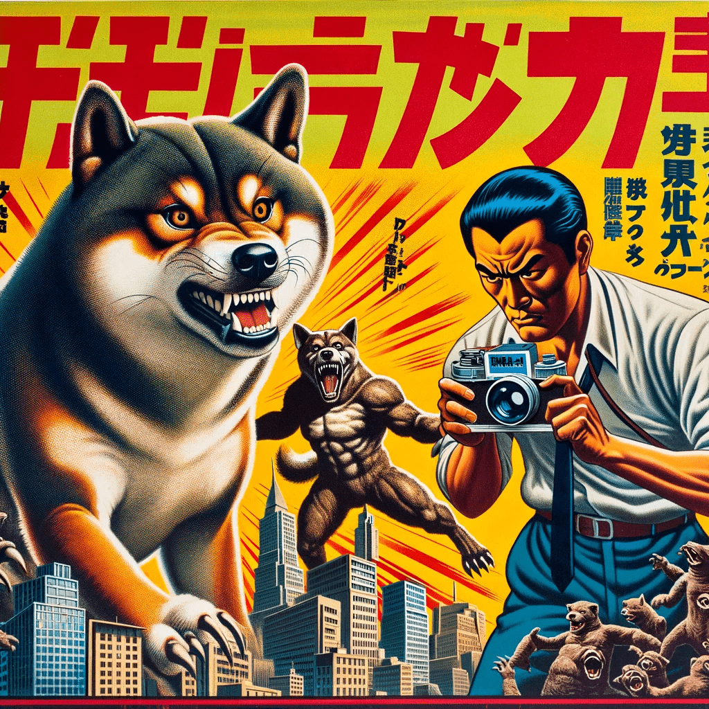 DALL·E 2023-11-11 17.57.35 - A vintage pulp-style Japanese cinema poster featuring a massive Kaiju Shiba Inu attacking a city. In the foreground, a Japanese photographer, depicted